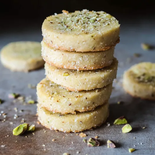 Cookies stacked with nuts scattered around.