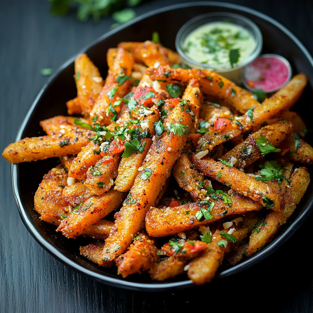 A bowl of fries with a dipping sauce.