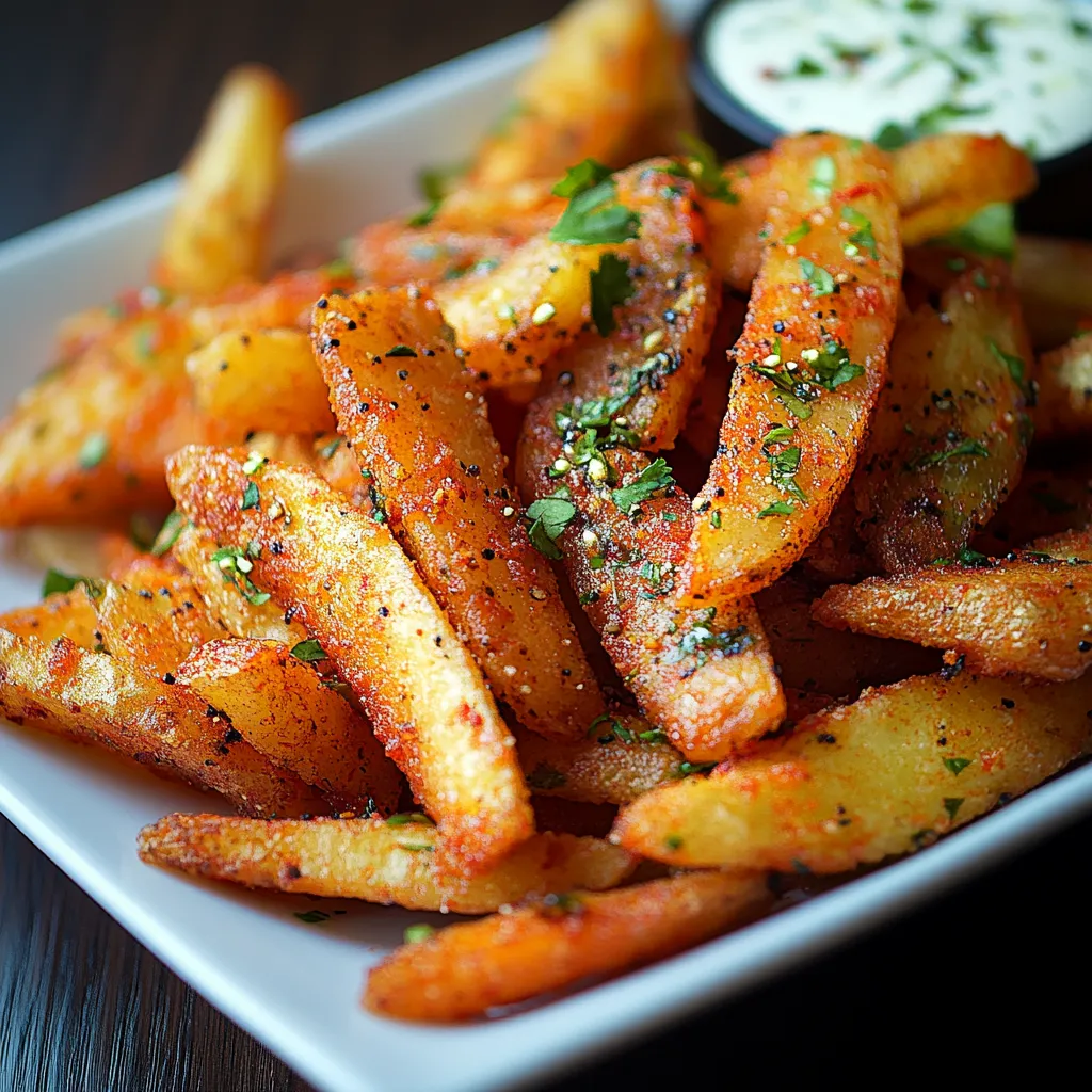 A plate of fries with a dipping sauce.