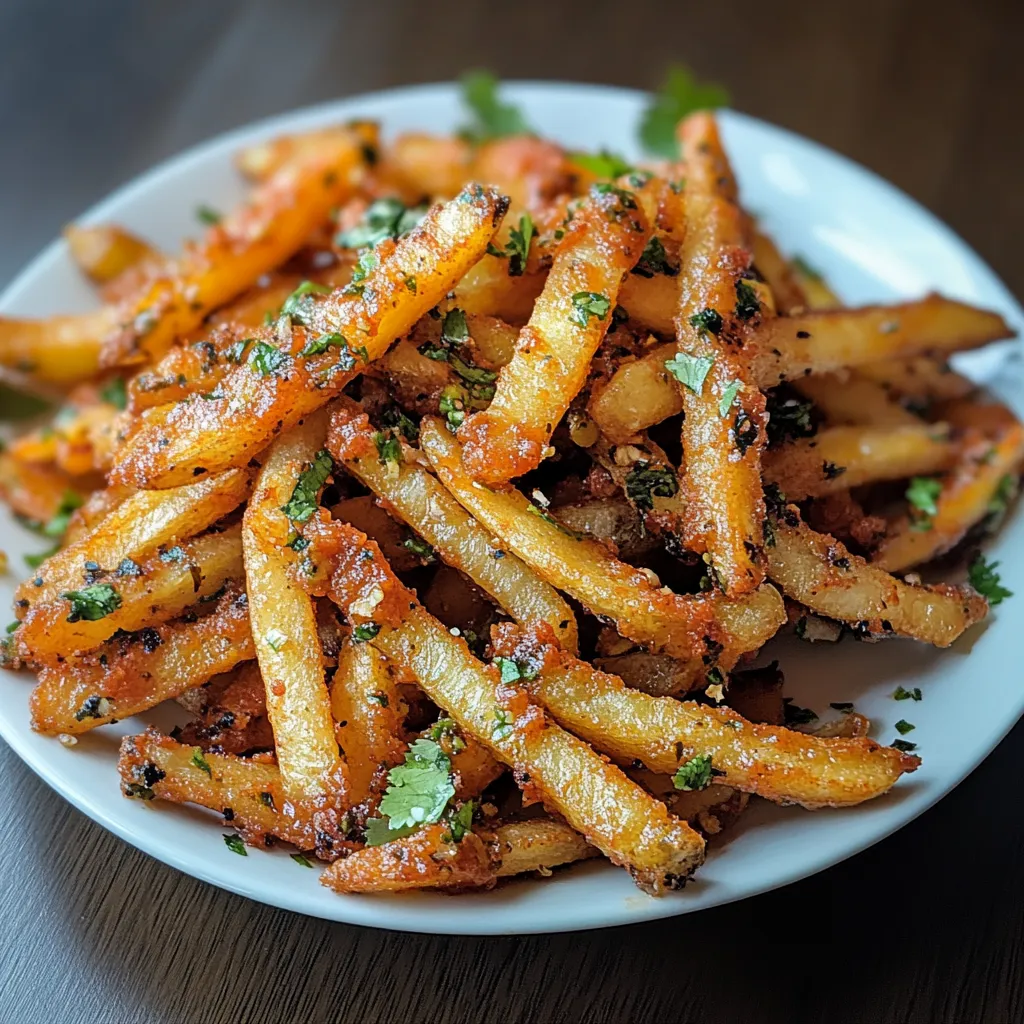 A plate of french fries with spices.
