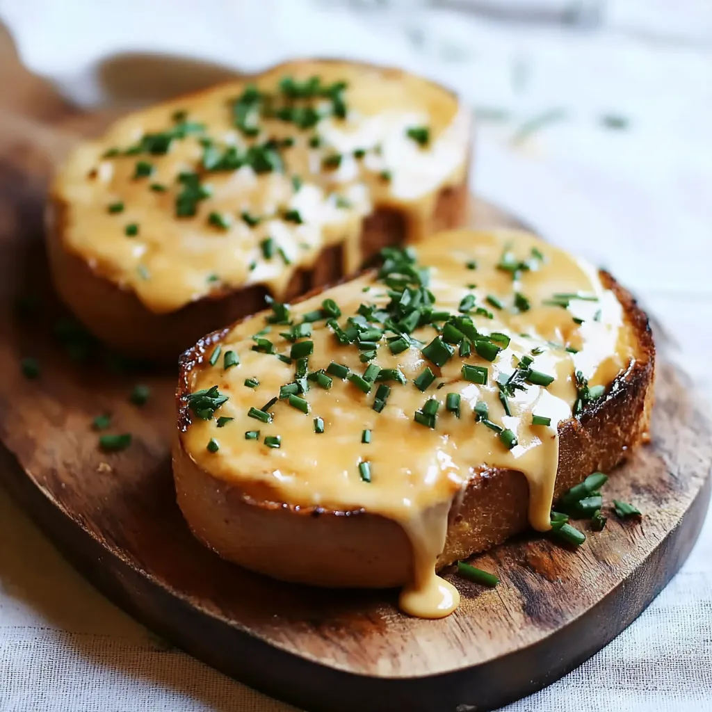 Two pieces of bread with cheese and herbs on top.