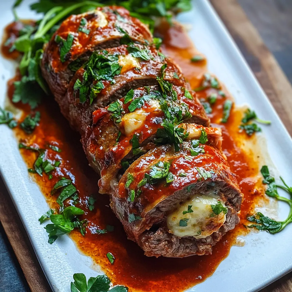 A meat roll with sauce on a plate.