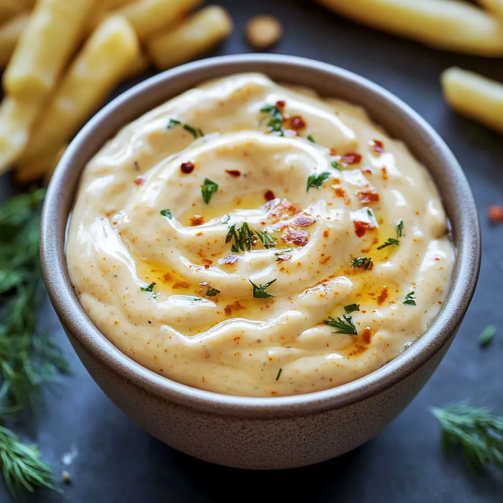 A bowl of dip with a spoon in it.
