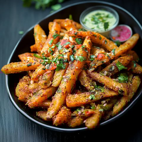 A bowl of fries with a dipping sauce.