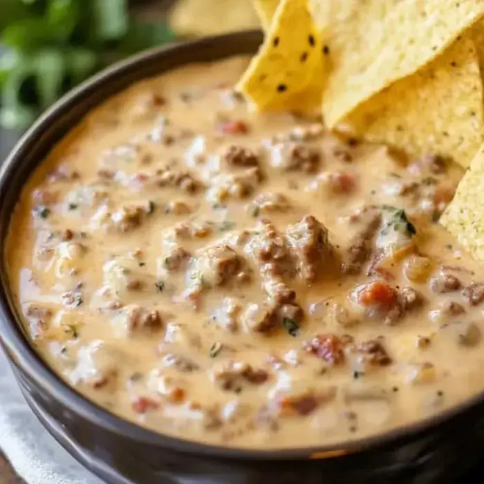 A bowl of creamy beef queso dip is served with tortilla chips on the side.