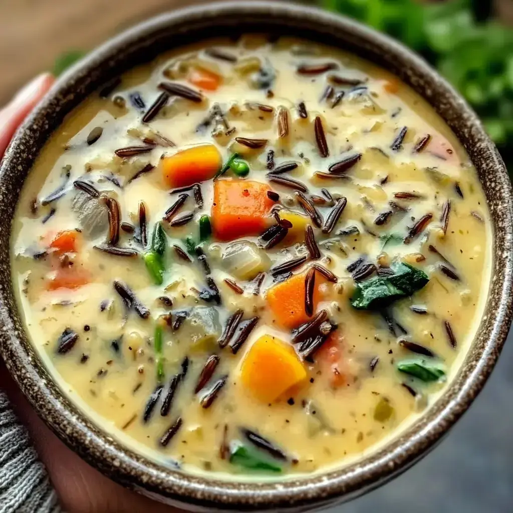 A close-up of a bowl of creamy soup filled with wild rice, colorful diced vegetables, and herbs.