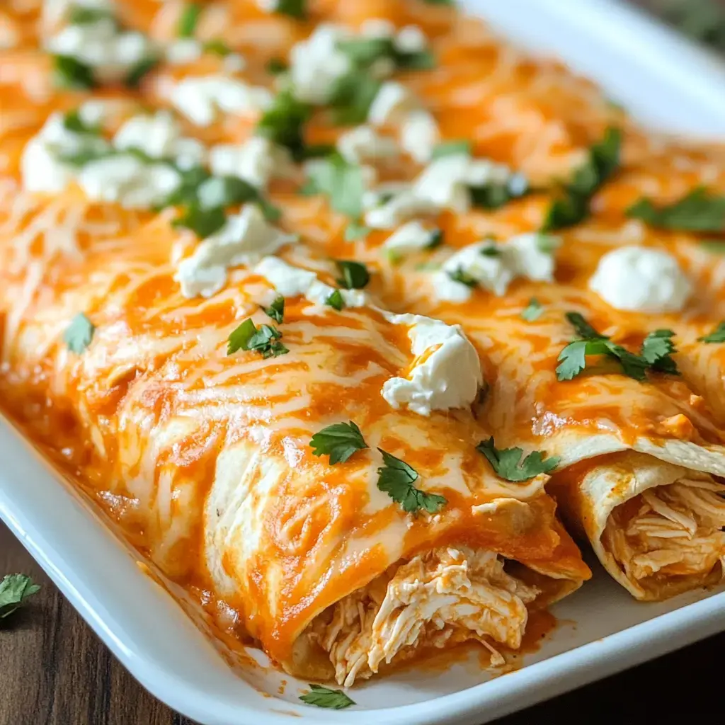 A platter of chicken enchiladas topped with cheese, sauce, and garnished with cilantro and dollops of sour cream.