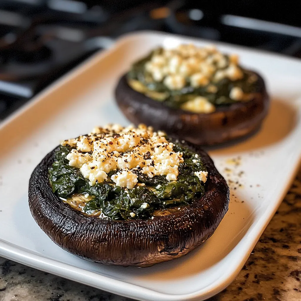 Close-up Stuffed Portobello Mushrooms with Spinach and Feta Recipe