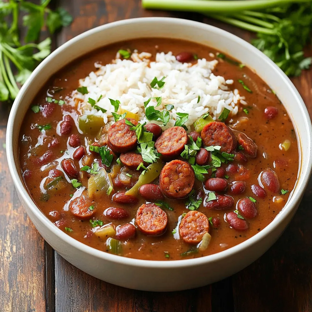 Hearty bowl with beans, sausage, and rice.