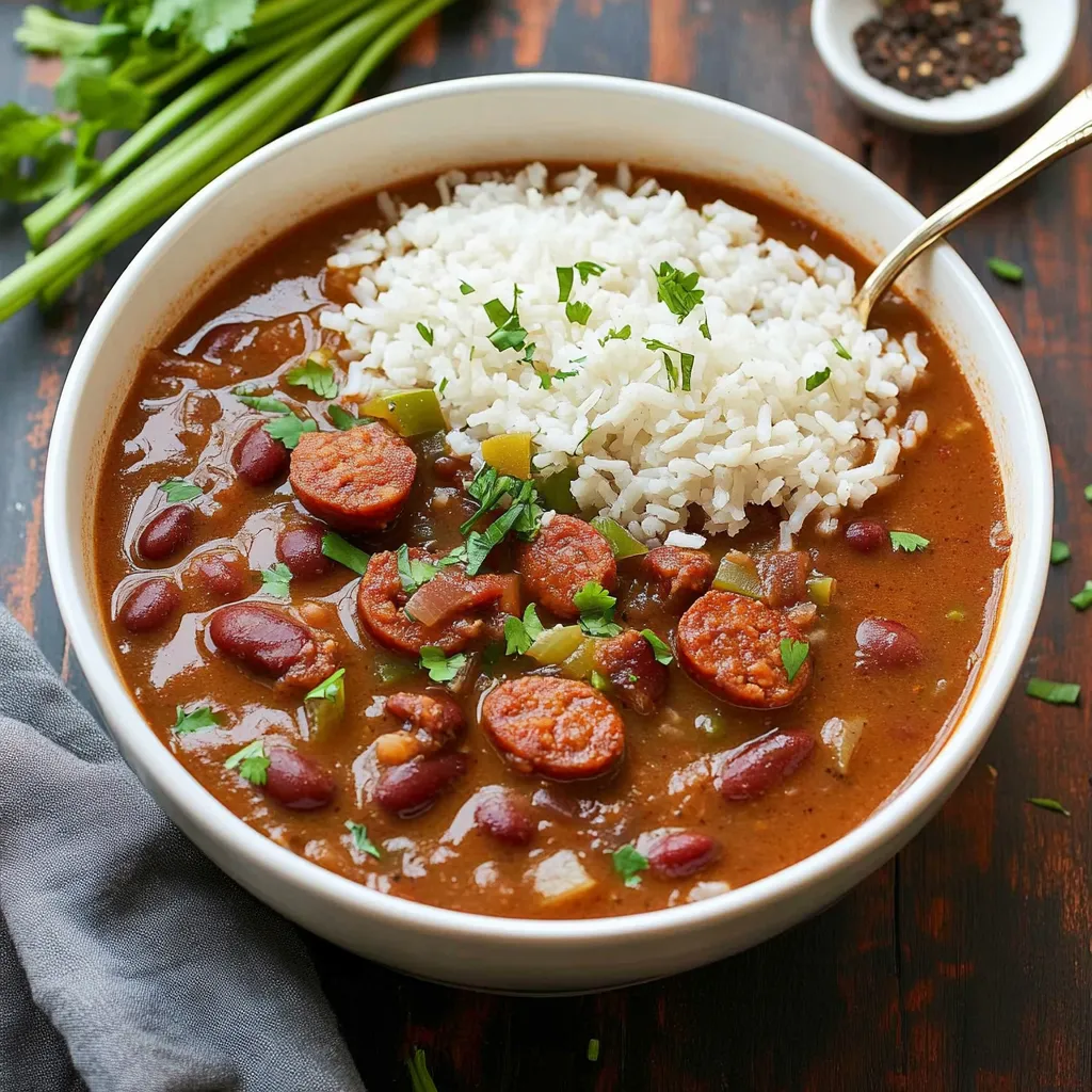 A bowl of soup with rice and sausage.