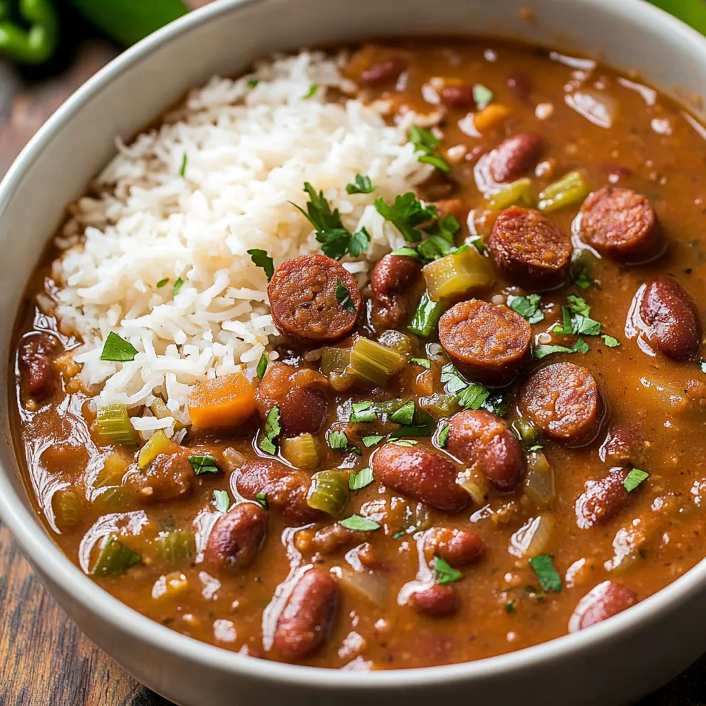 A bowl of soup with rice and sausage in it.