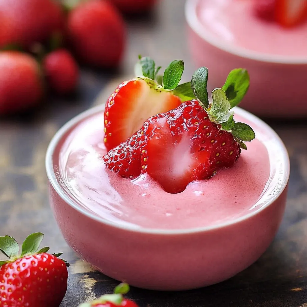 A bowl of strawberry yogurt with a strawberry on top.