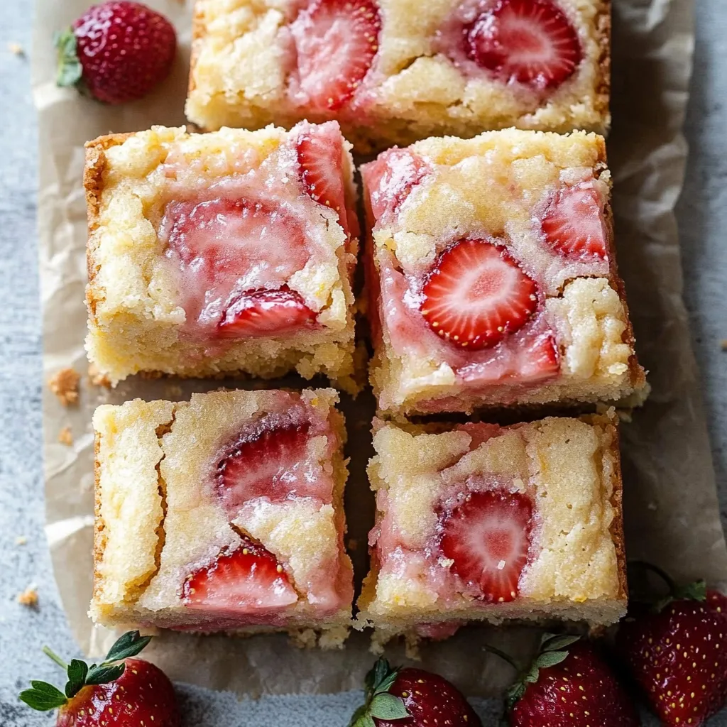 A square of cake with strawberries on top.