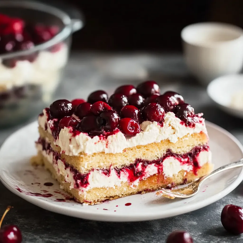 A close-up of a tiramisu slice with juicy cherries on a dessert plate.