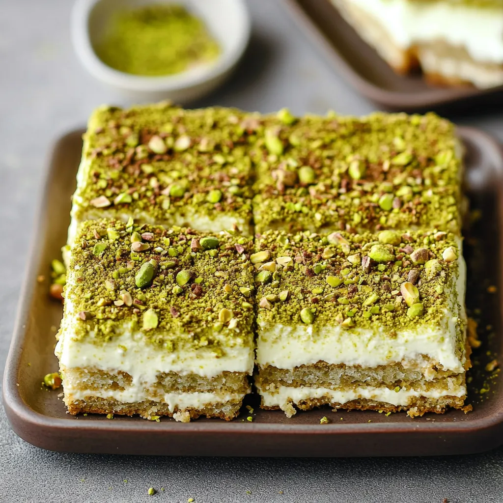 A square of cake with a green topping.