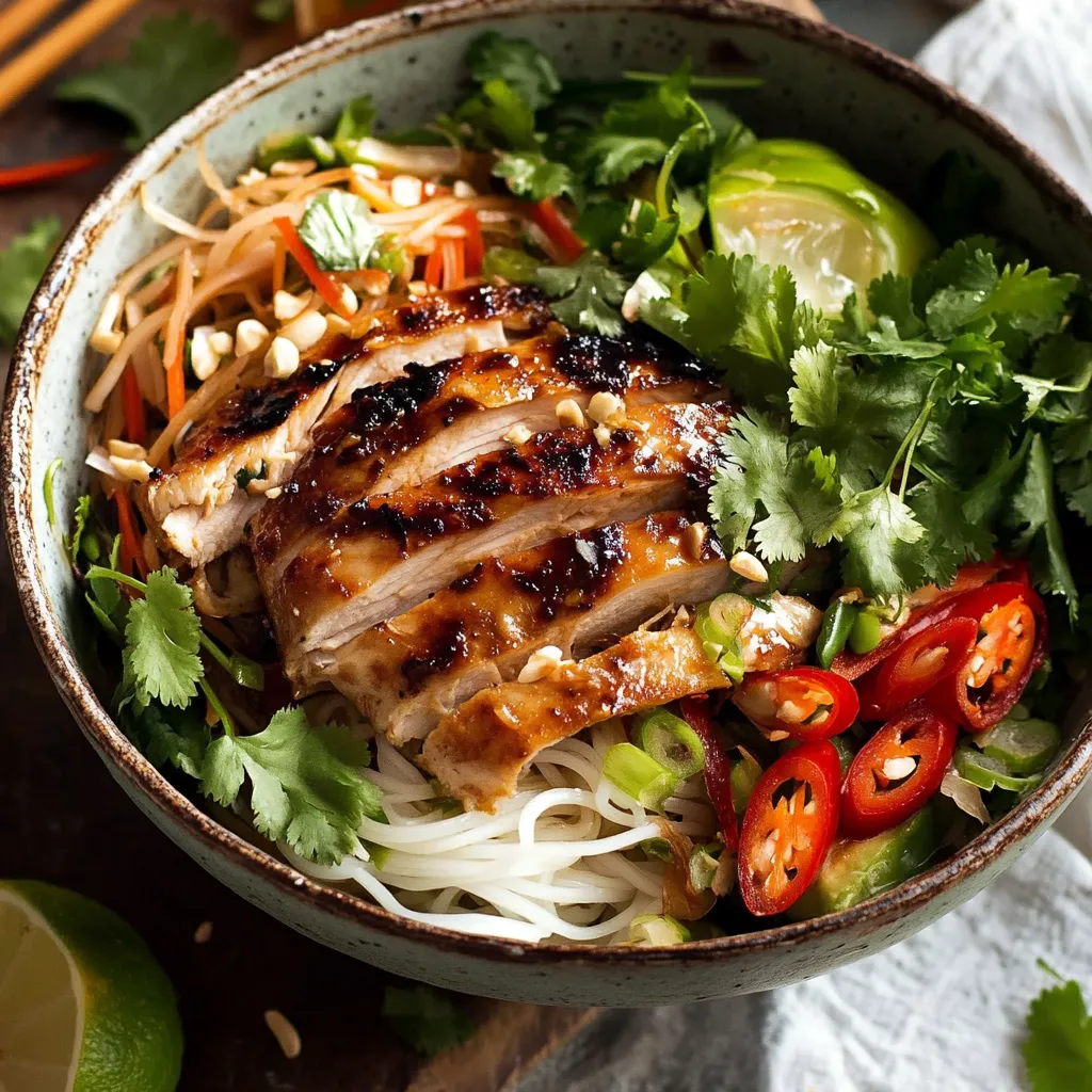 A colorful bowl with chicken, noodles, and fresh herbs.