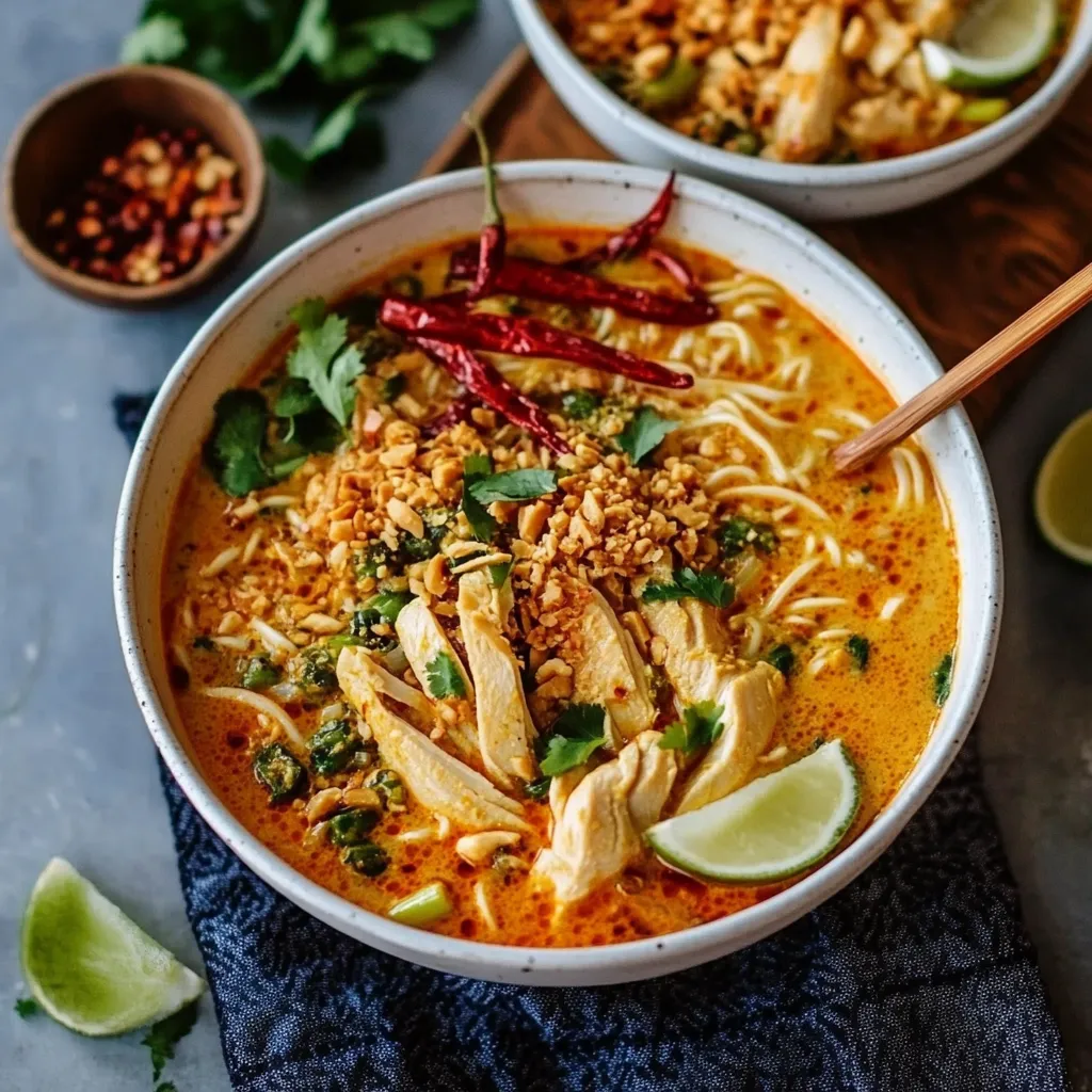 A bowl of soup with chicken and vegetables.