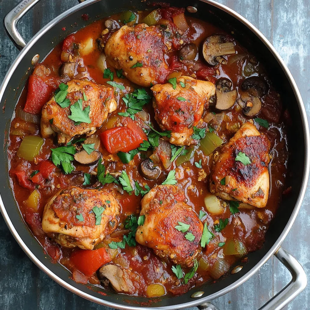 A pot of food with chicken and mushrooms in a red sauce.