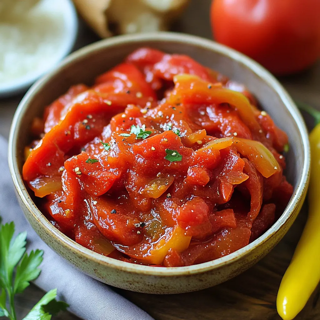 A colorful dish of peppers and tomatoes in a rich sauce.