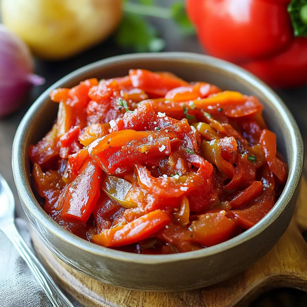 A bowl of red peppers with tomatoes and onions.