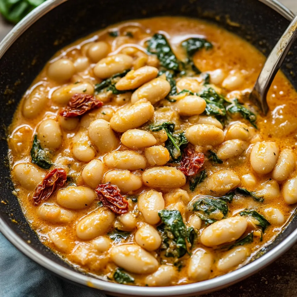 A bowl of beans with greens and tomatoes, ready to be eaten.