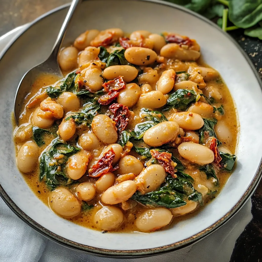 A bowl of soup with beans, spinach, and tomatoes.