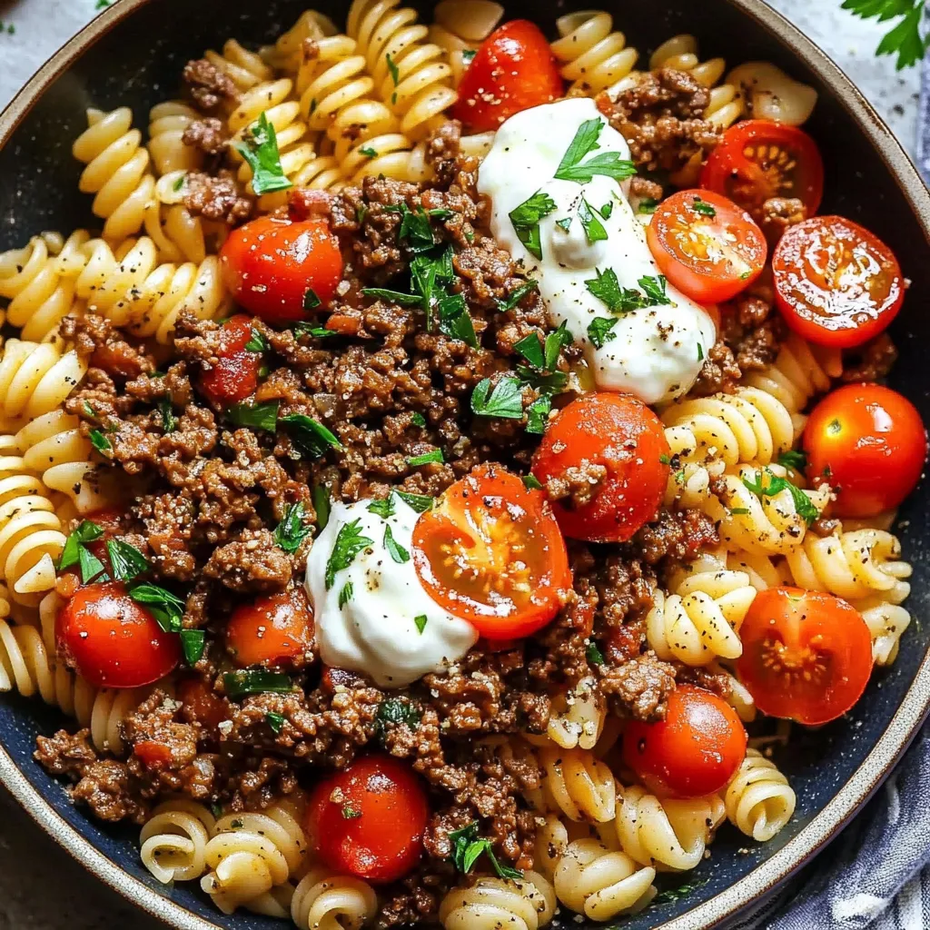 A bowl of pasta with meat and tomatoes.