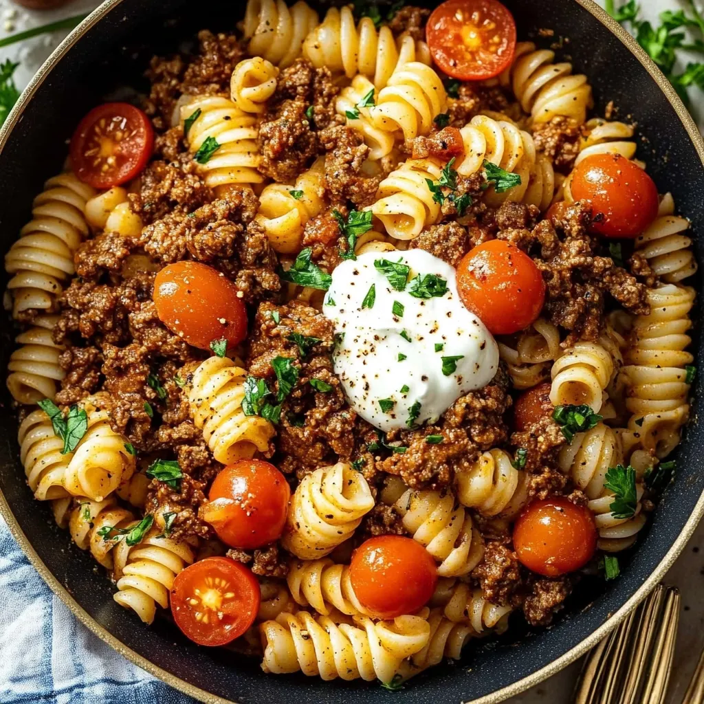 A bowl of pasta with meat and tomatoes.