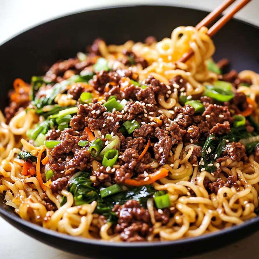 Noodles with beef and veggies served in a bowl.