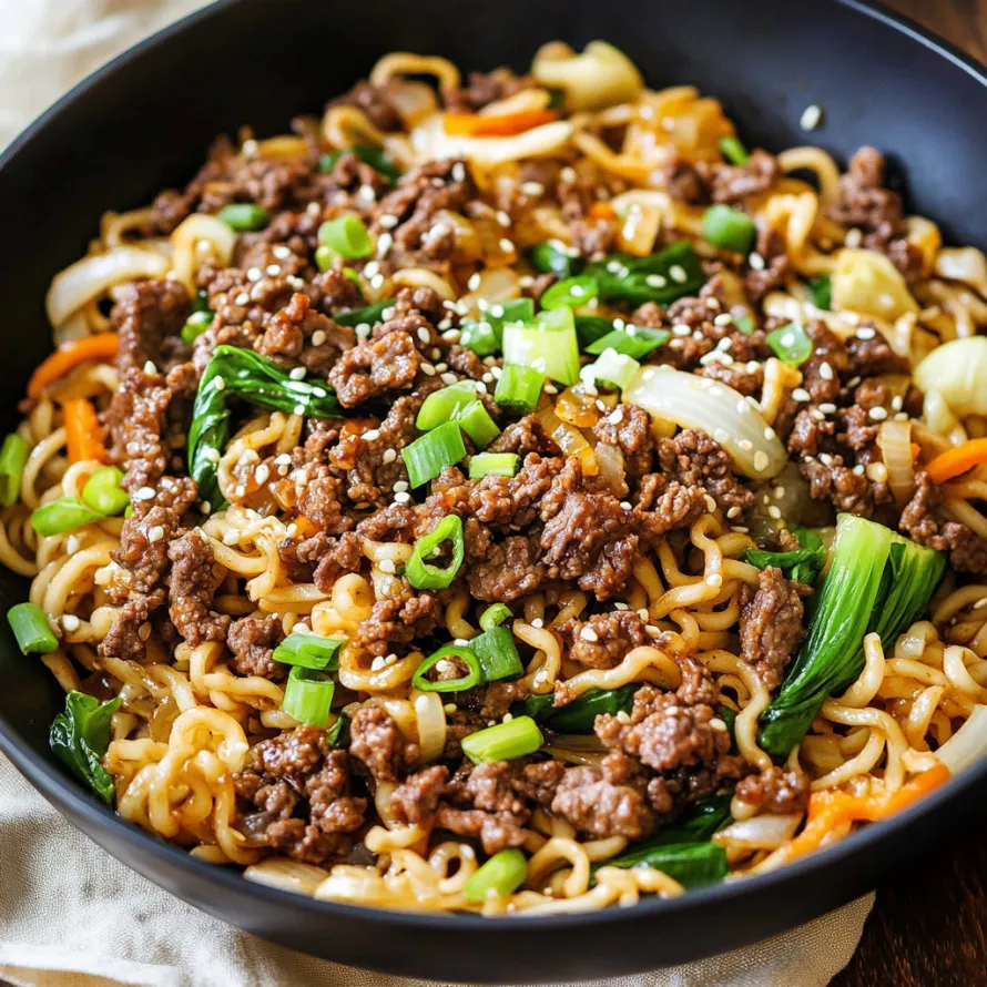 A bowl of noodles with meat and vegetables.