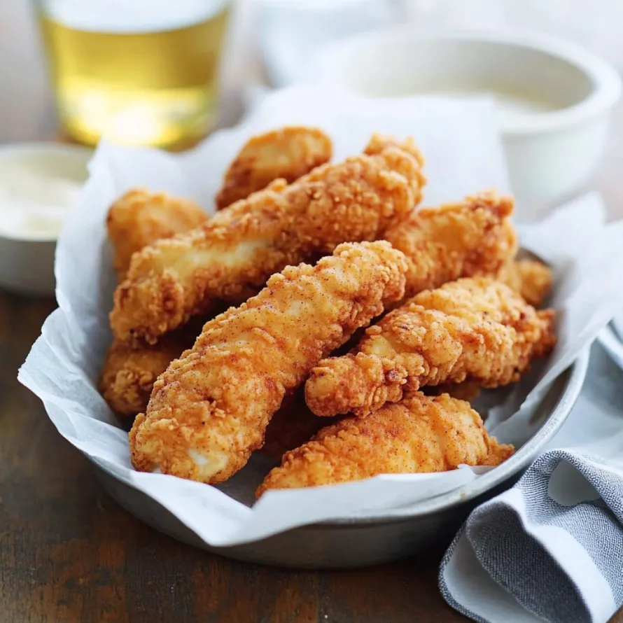 A plate of fried chicken with a glass of beer.