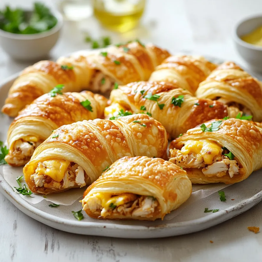 A plate of croissants with cheese and herbs.