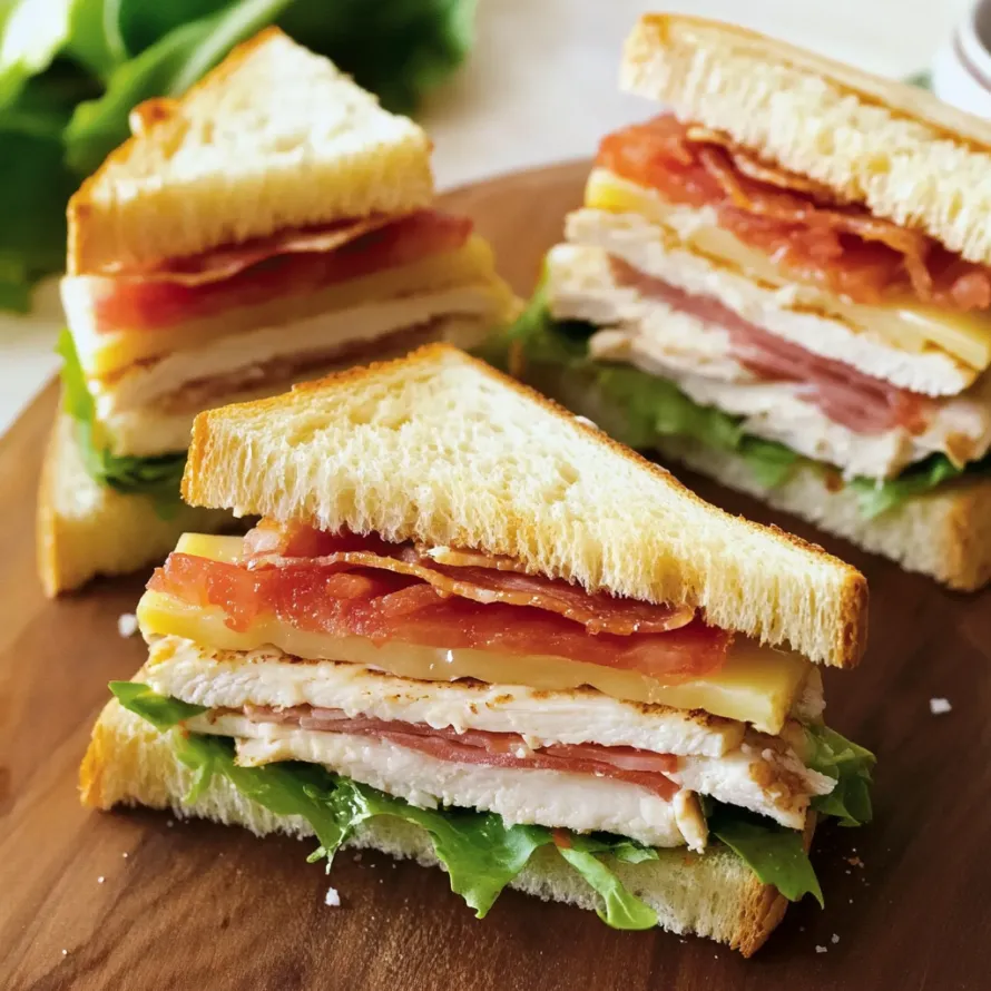 A layered toasted sandwich with chicken and bacon.