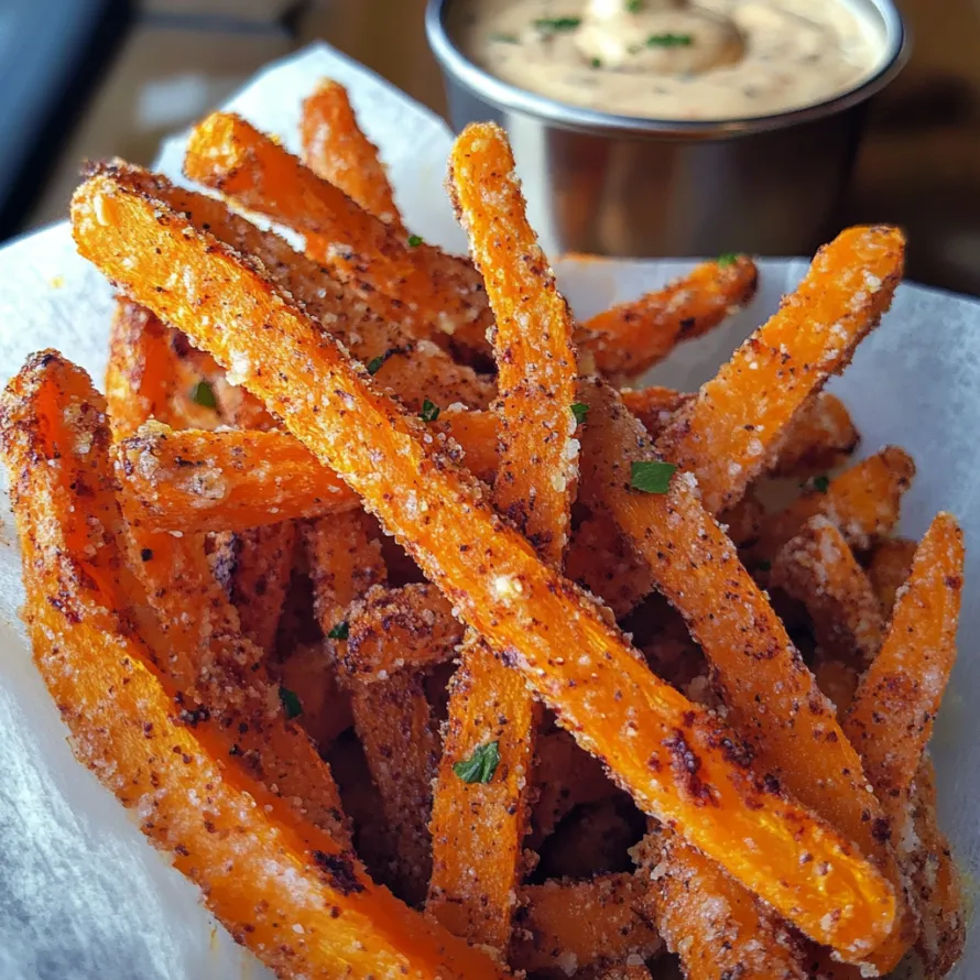 Crispy carrot sticks with a creamy dip in a bowl.