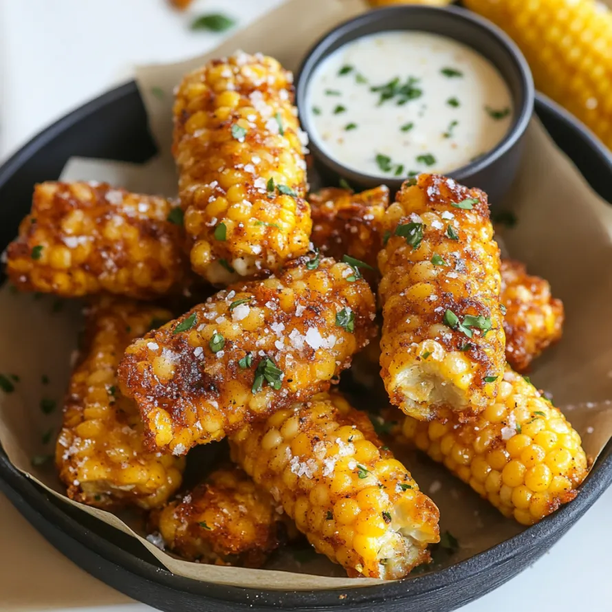 A bowl filled with golden corn chunks beside a dipping sauce.