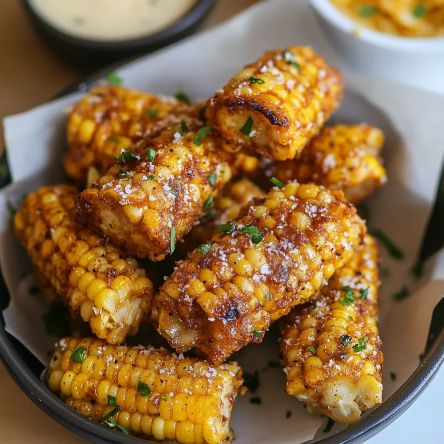 A bowl of corn on the cob with seasoning.