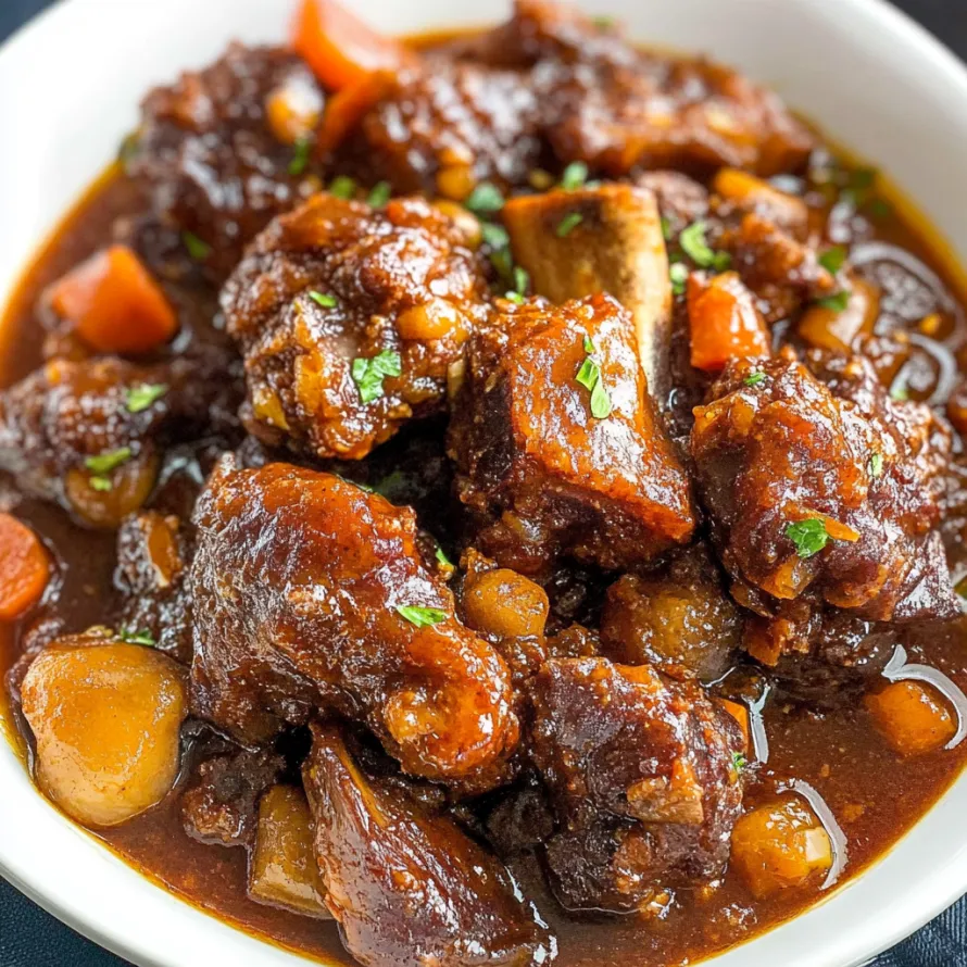 A bowl filled with oxtail and vegetables.