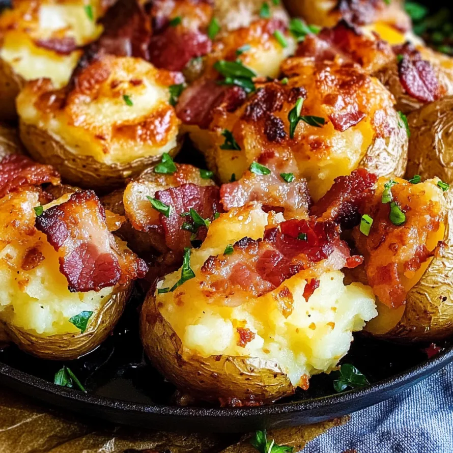 Potatoes wrapped in bacon cooking in a pan.