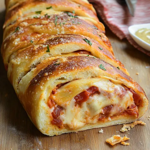 A pizza roll is on a table.