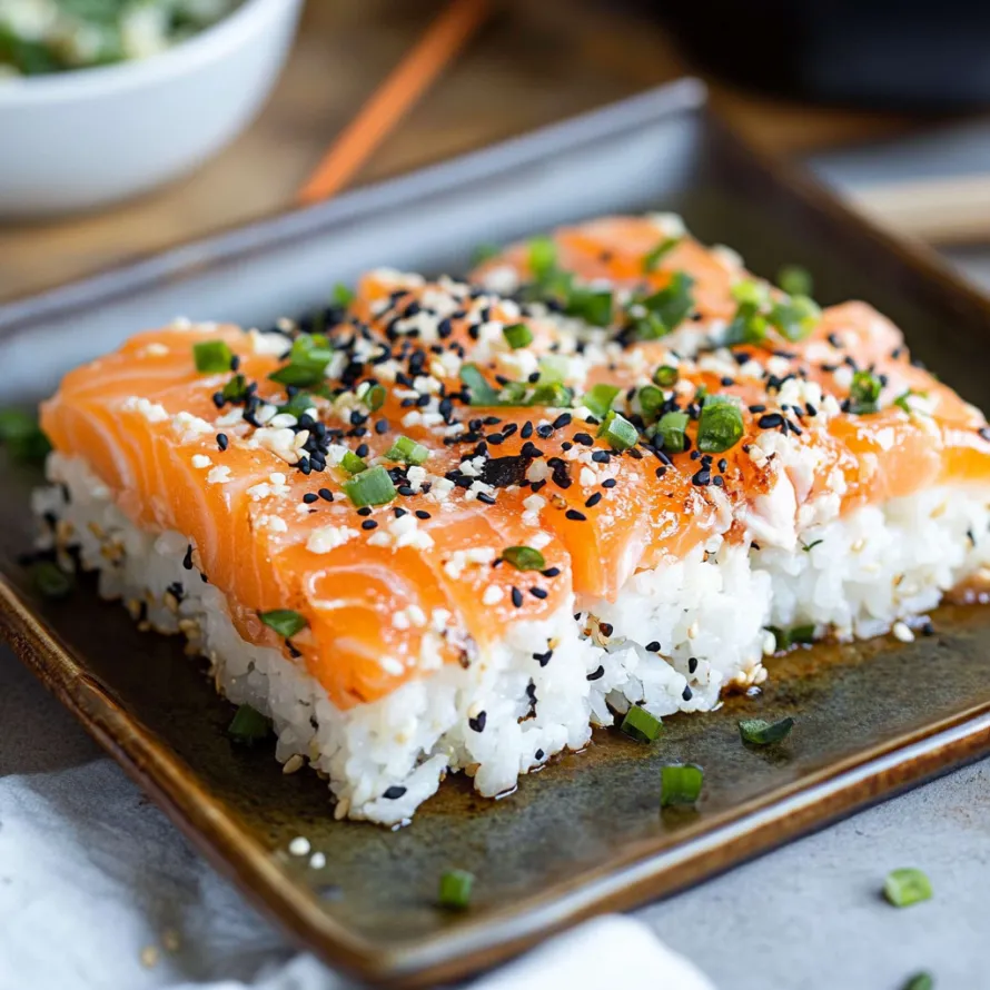 A plate of sushi with rice and fish.