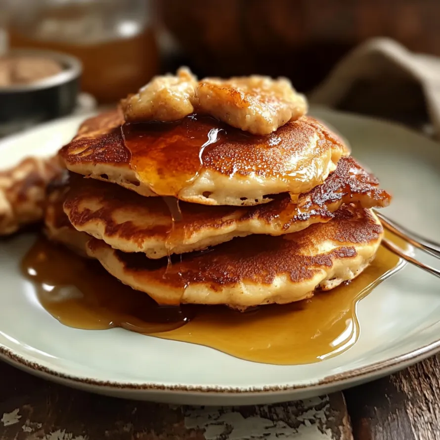 A stack of golden pancakes topped with syrup on a round plate.