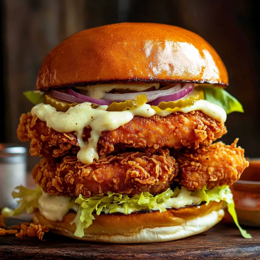 A sandwich with lettuce, onions, pickles, and cheese.