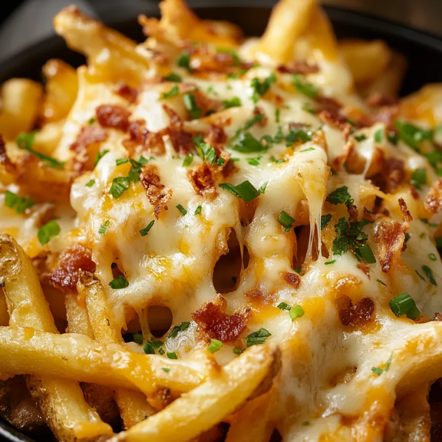 A bowl of cheese and bacon fries.