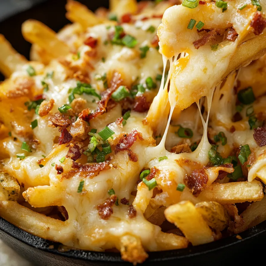 A close up of a plate of bacon and cheese fries.