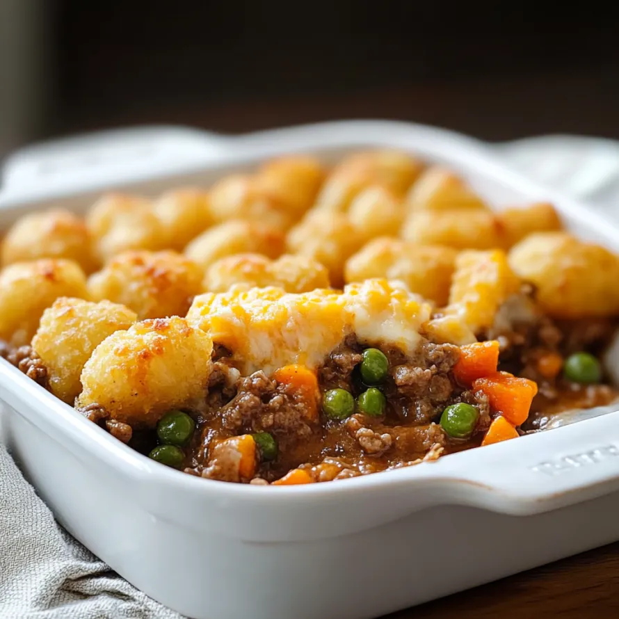 A white bowl filled with tater tots and peas.