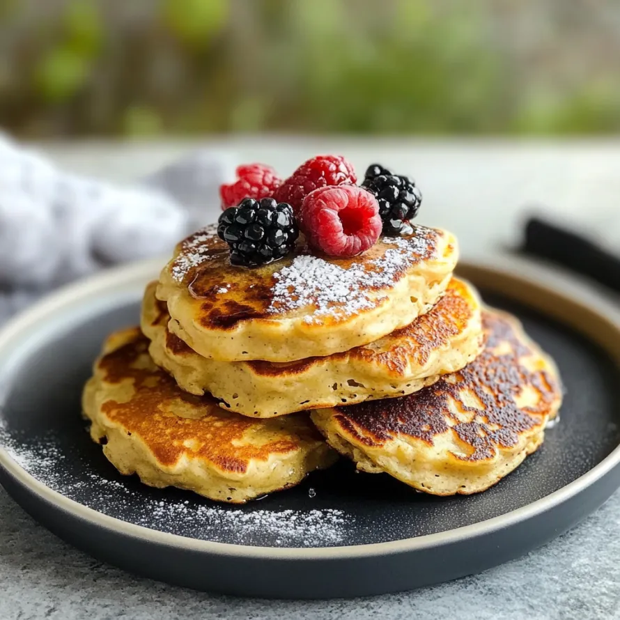 Stack of fluffy pancakes topped with fresh berries.