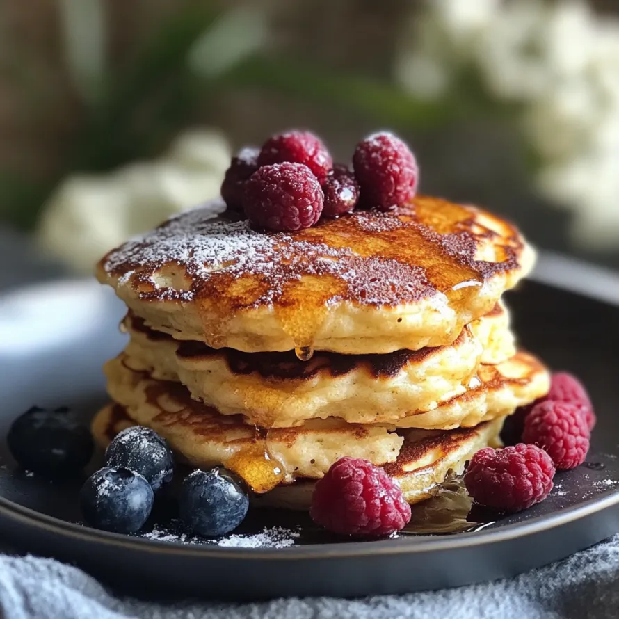 A stack of pancakes with berries on top.