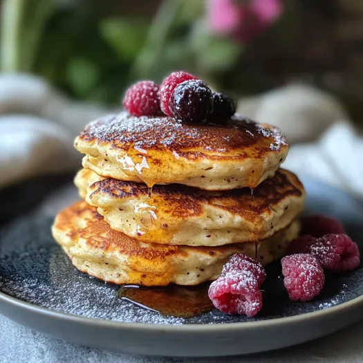A stack of pancakes with berries on top.