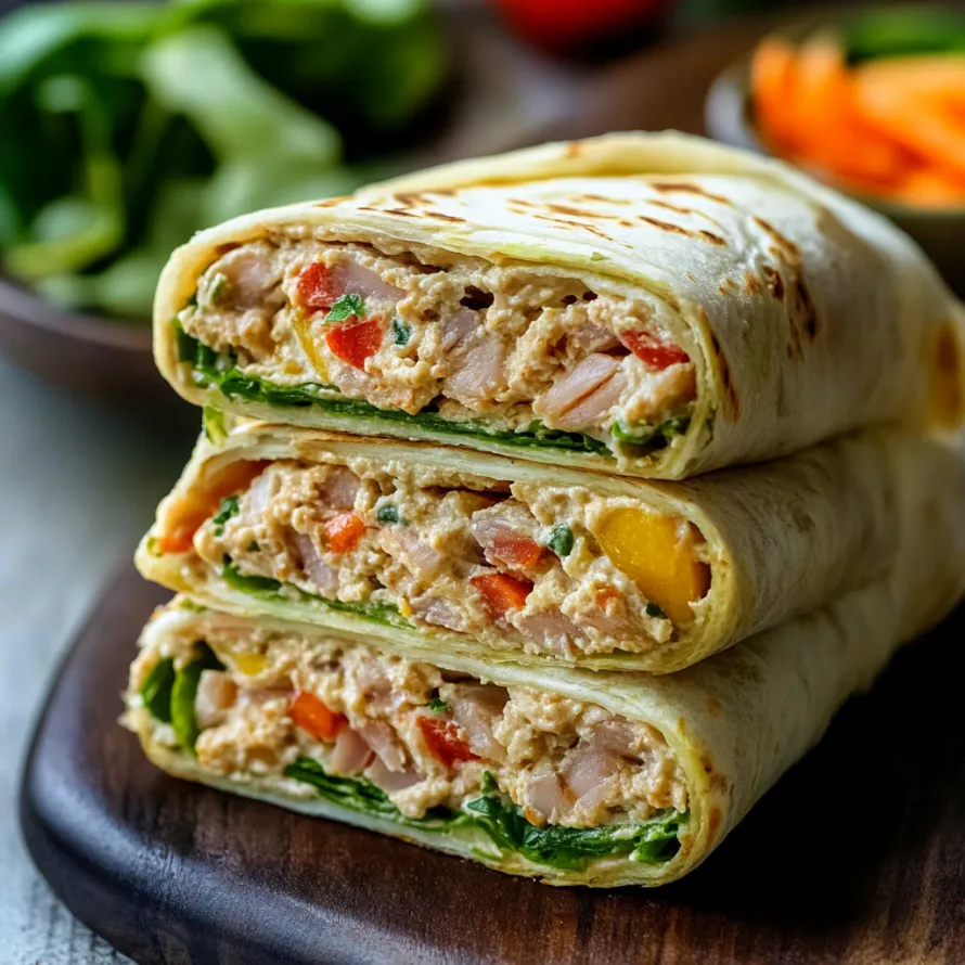 A stack of three wraps with meat and vegetables.