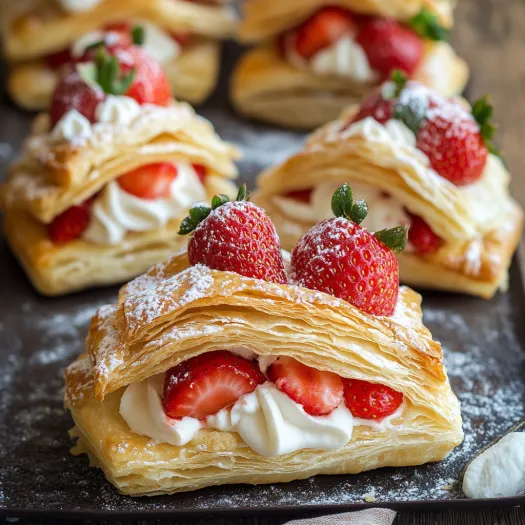 A plate of pastries with strawberries on top.